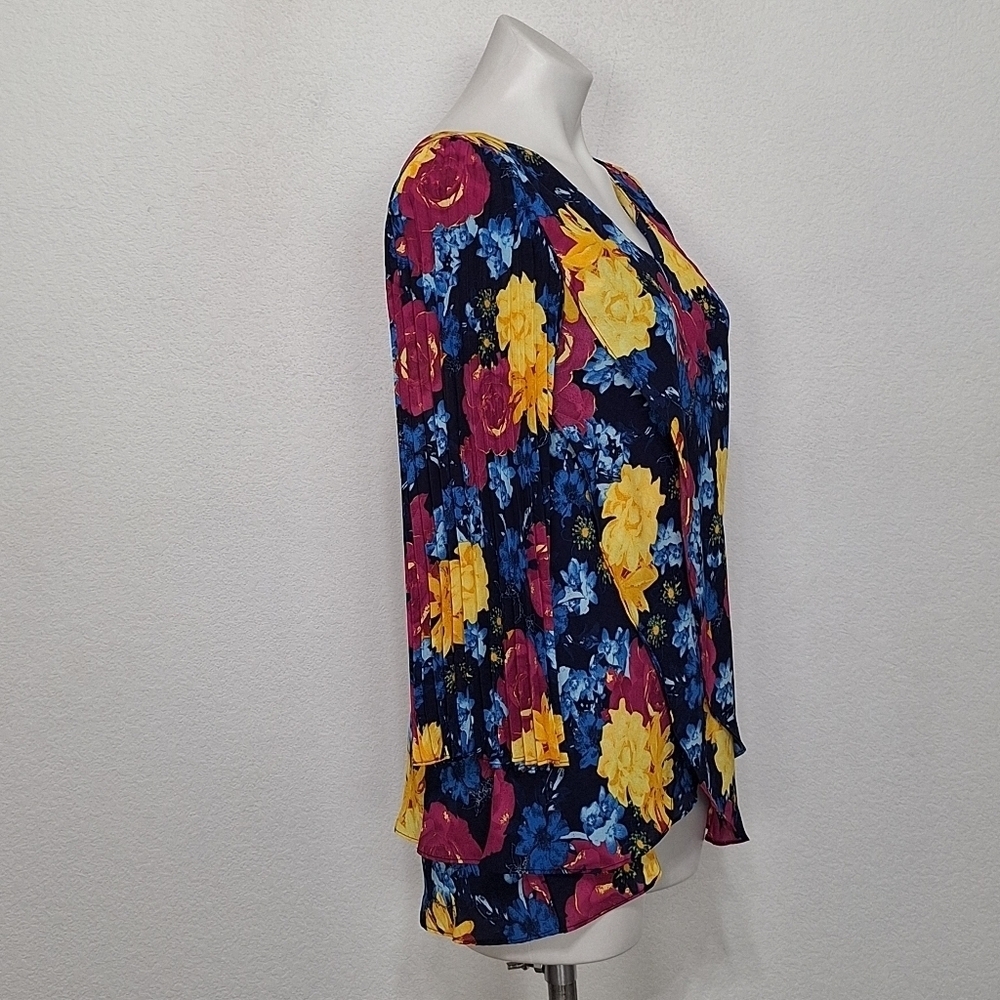 Laurie Felt Multicolor Floral Retro Bohemian Pleated Bell Sleeve Blouse Size XXS - Picture 6 of 13